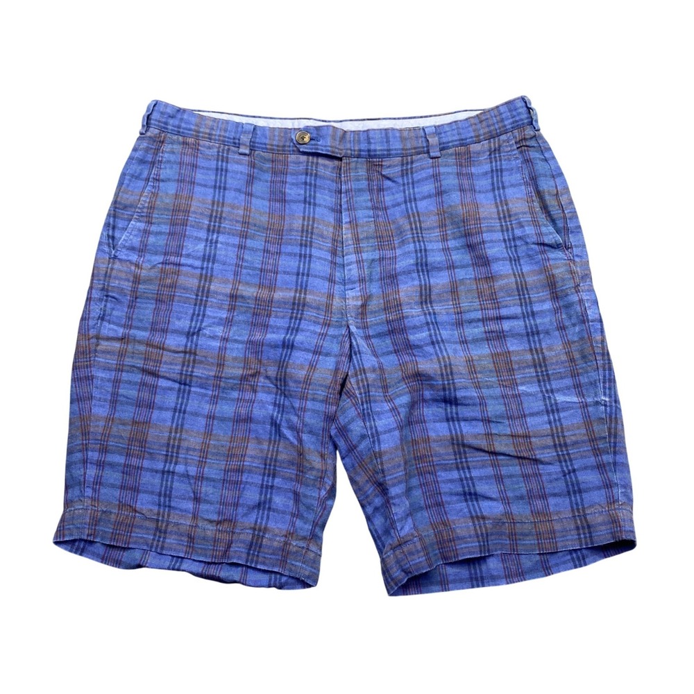 Brooks Brothers Baird McNutt Irish Linen Bermuda Shorts Blue Plaid Mens Sz 38